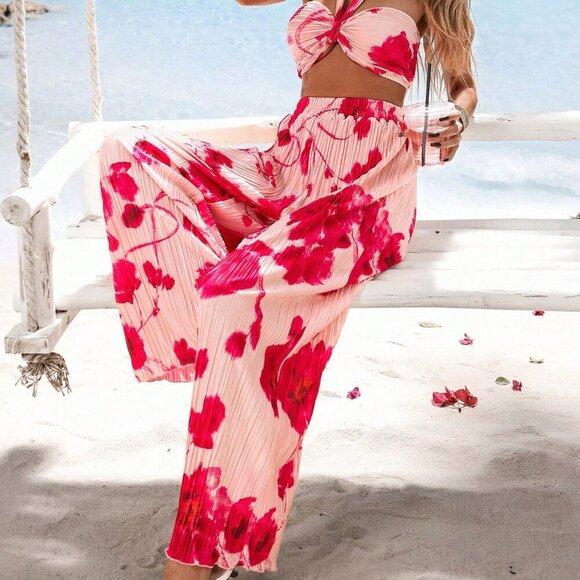 Pink Boho Women's Pleated Crop Top w/Halter Neckline & High Waist Wide Leg Pants - Picture 6 of 6